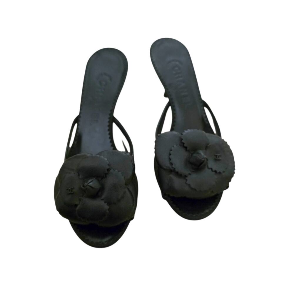 Chanel Vintage 2007 Camellia CC Logo Black Mesh Leather Mules IT 37 US 6.5 - Picture 3 of 12